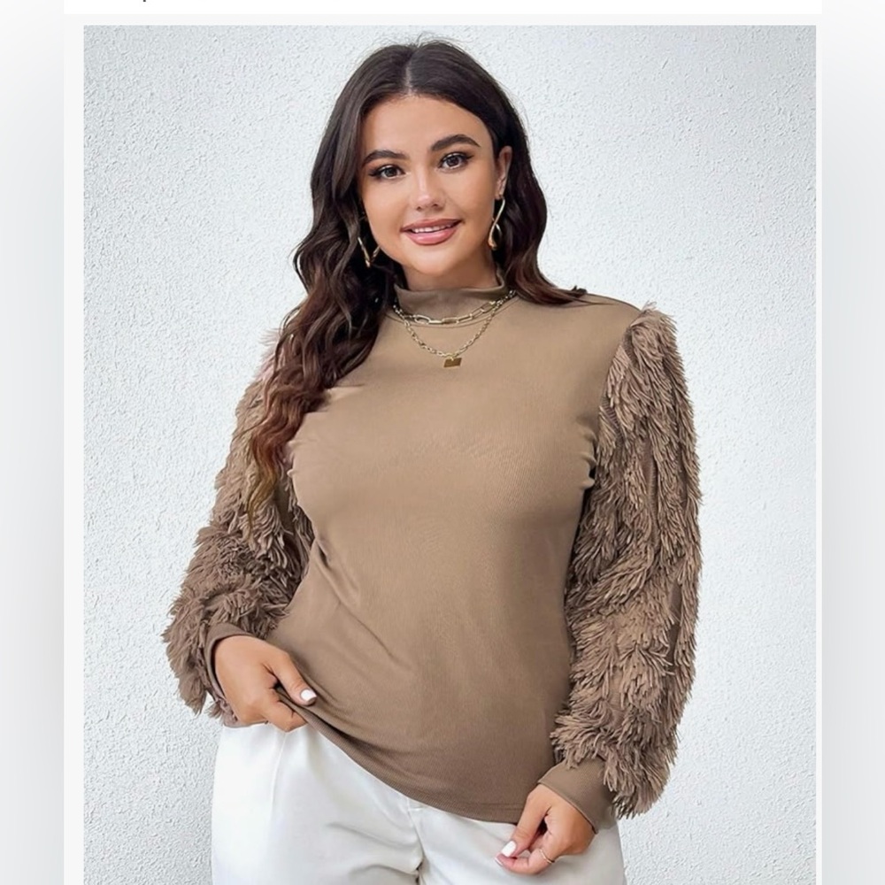 Women's Tan Top with Textured Sleeves